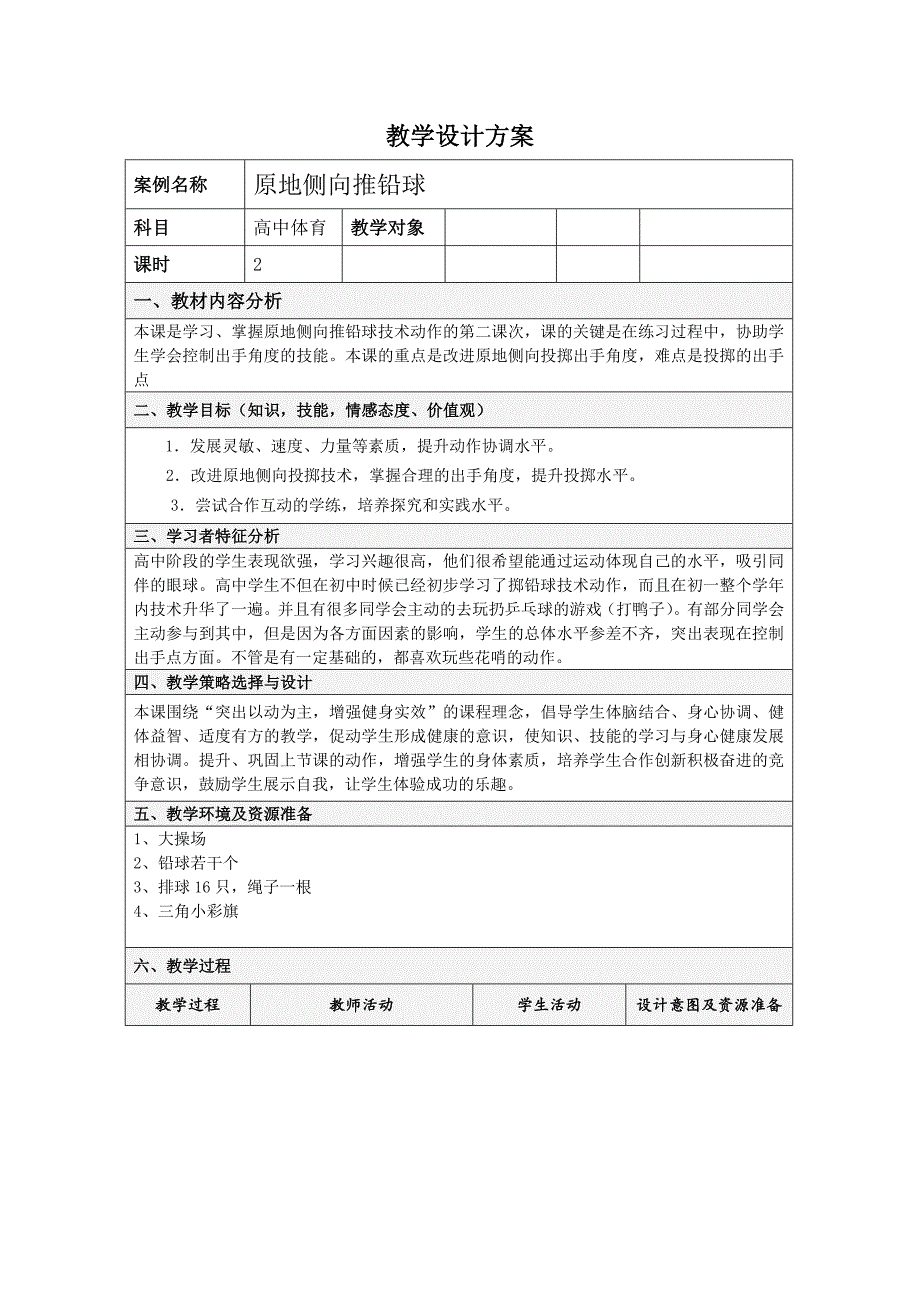 原地侧向推铅球 教学设计 高中体育_第1页