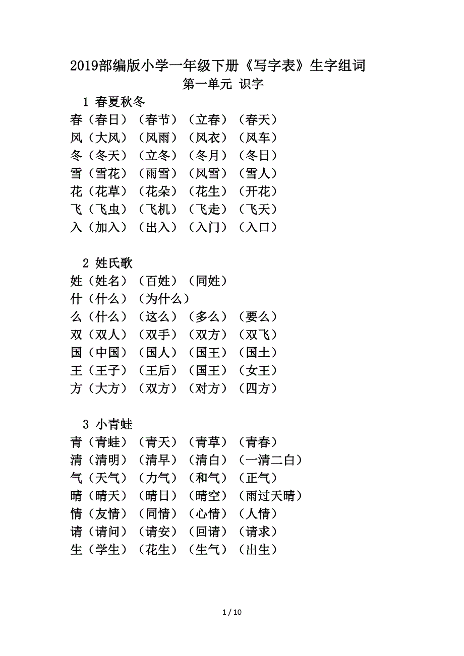 2019部编版小学一年级下册《写字表》生字组词.doc_第1页