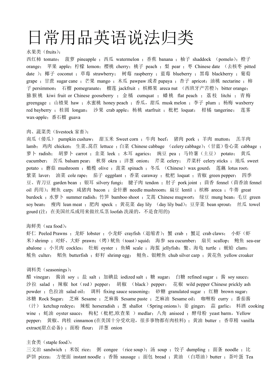 日常用品英语说法归类_第1页