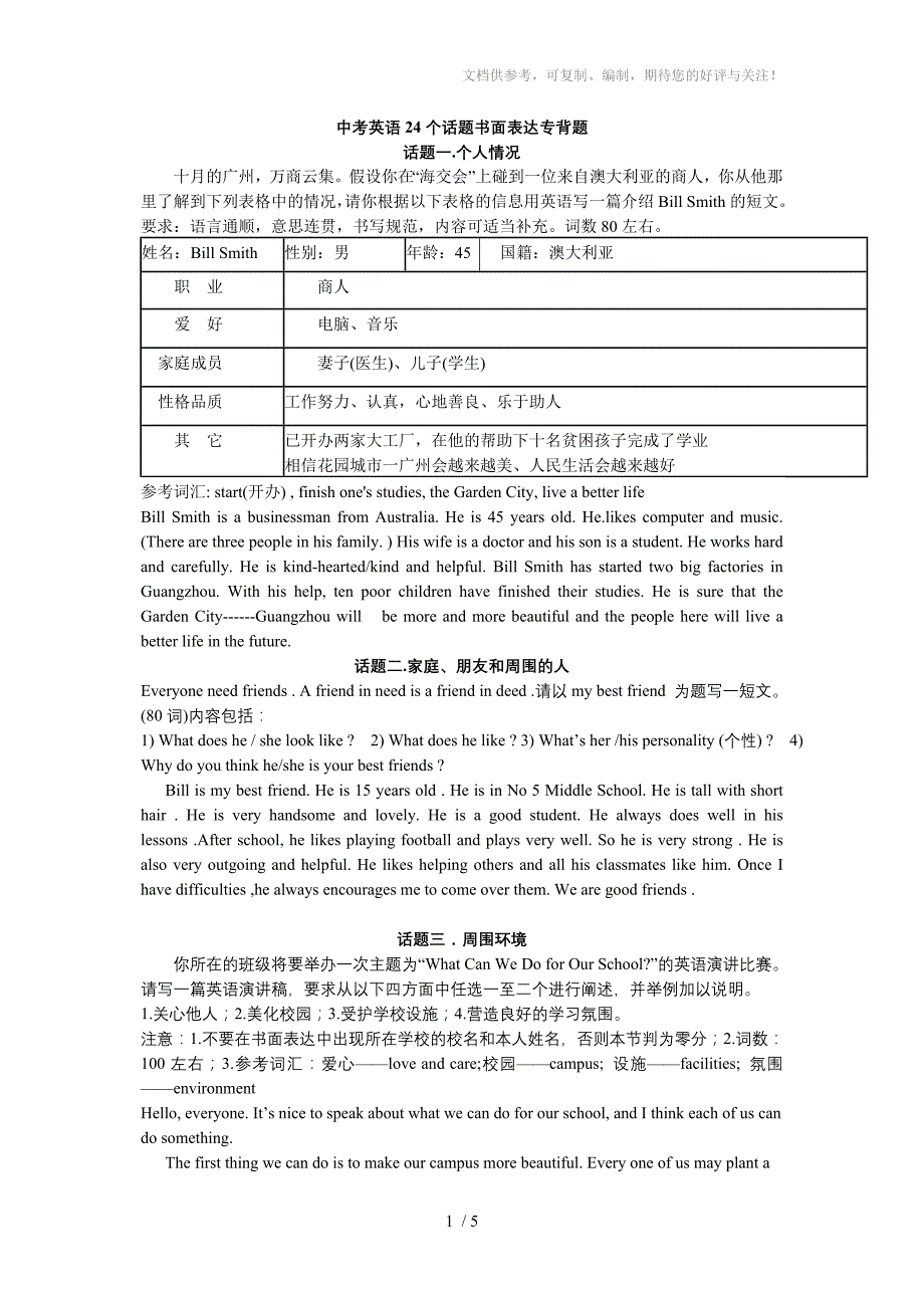 中考英语24个话题书面表达专背题_第1页