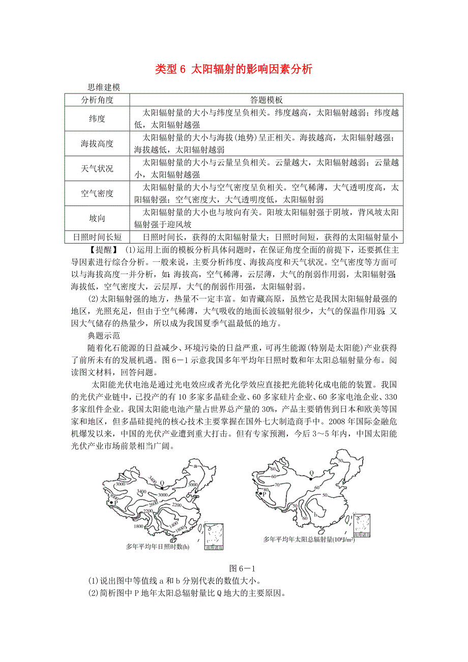 名校专递：高考地理特色专题讲练6太阳辐射的影响因素分析含答案_第1页