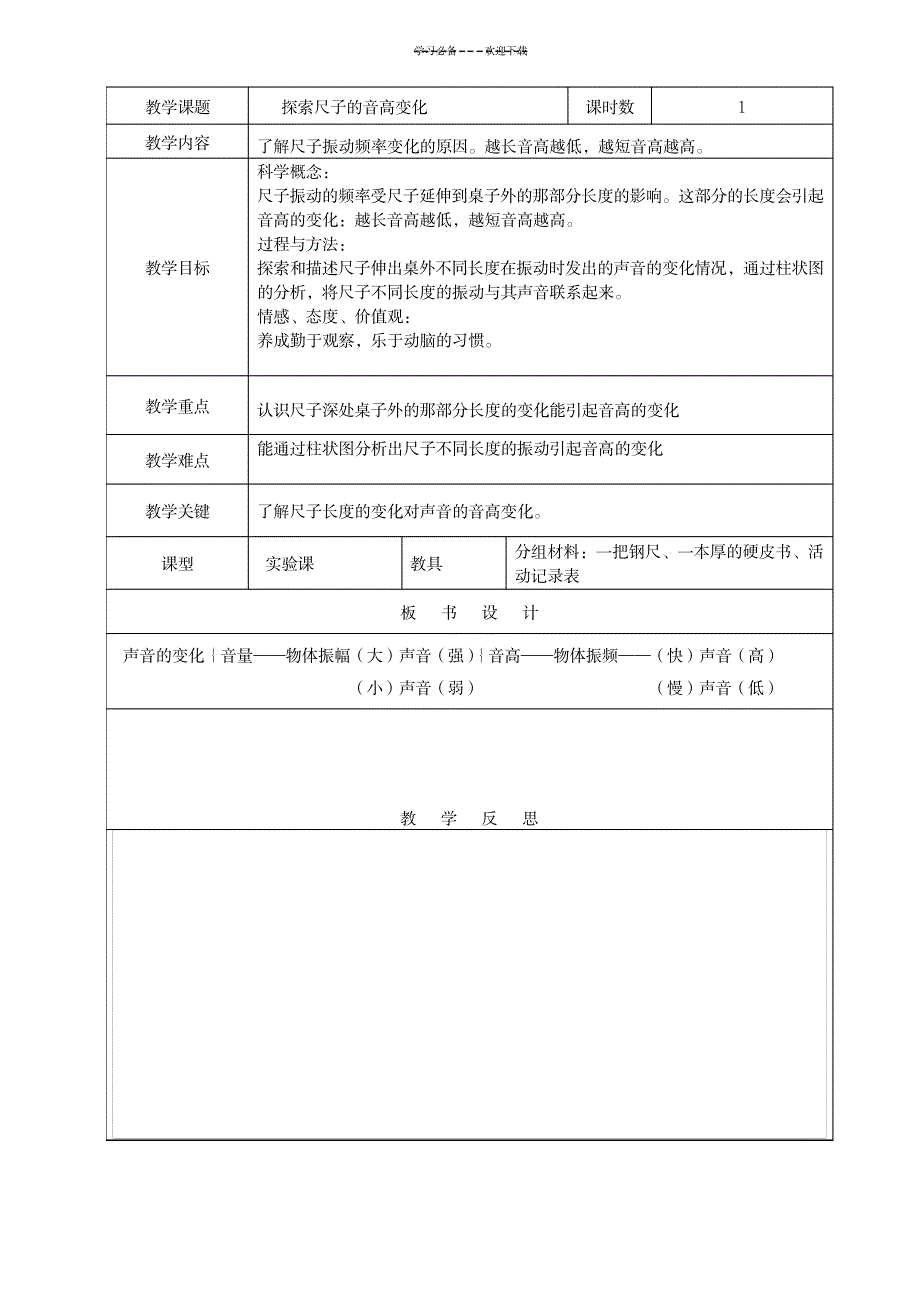 教案模板(探索尺子的音高变化)_小学教育-小学教育_第1页