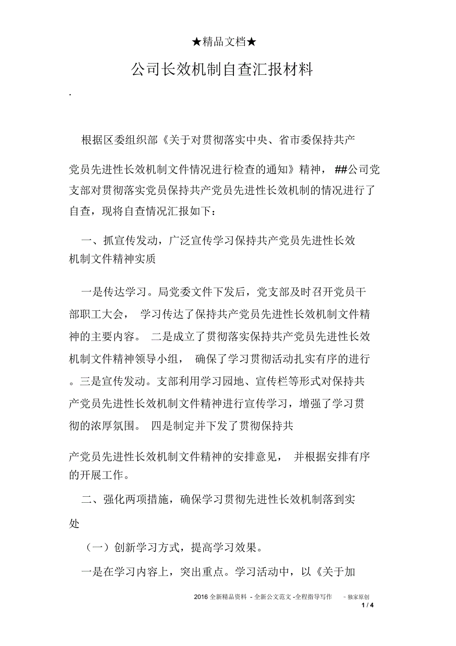 公司长效机制自查汇报材料_第1页