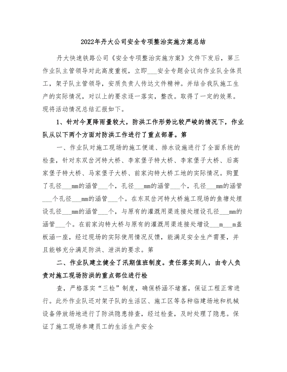 2022年丹大公司安全专项整治实施方案总结_第1页