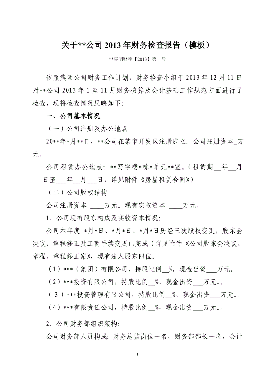 集团财务对某公司财务检查报告(最新模板)_第1页