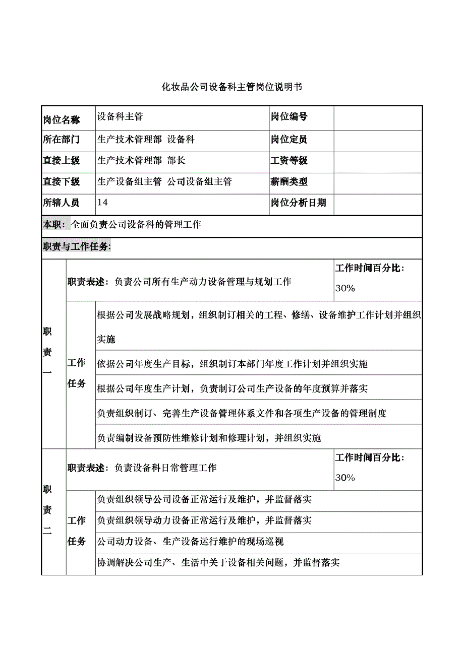 化妆品公司设备科主管岗位说明书_第1页