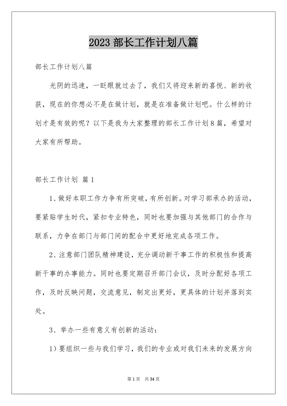 2023部长工作计划八篇_第1页