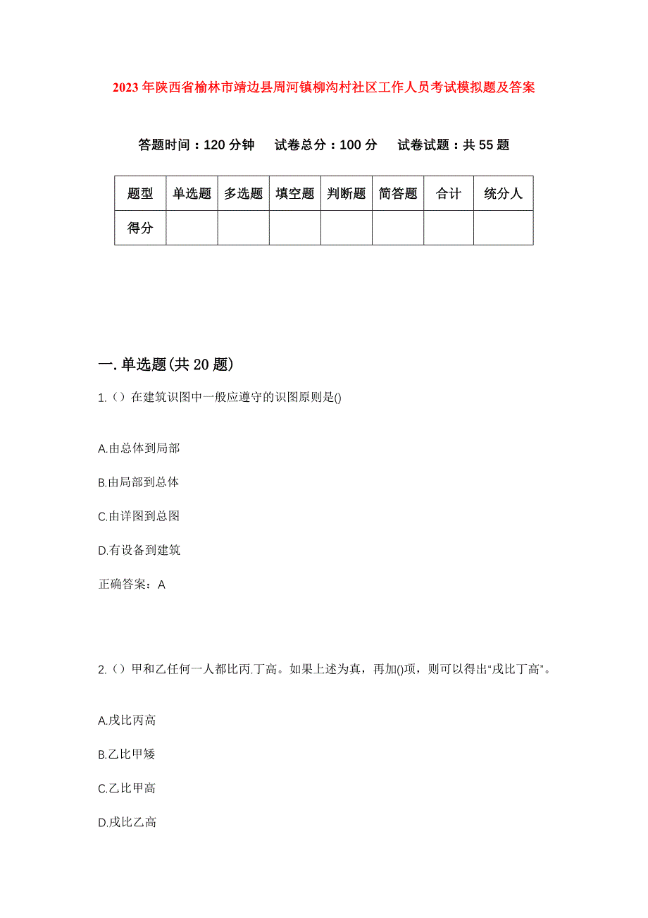 2023年陕西省榆林市靖边县周河镇柳沟村社区工作人员考试模拟题及答案_第1页