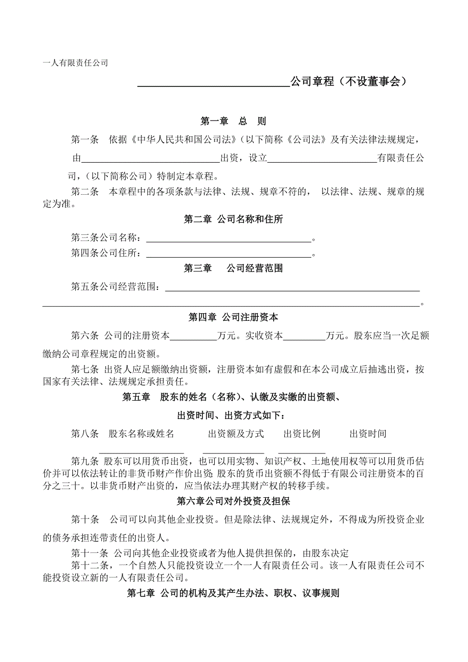 一人公司章程_第1页