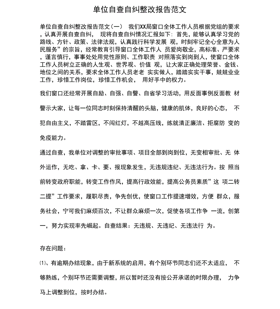 单位自查自纠整改报告范文_第1页