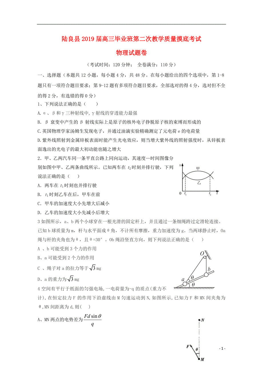 云南省陆良县2019届高三物理毕业班第二次教学质量摸底考试题_第1页