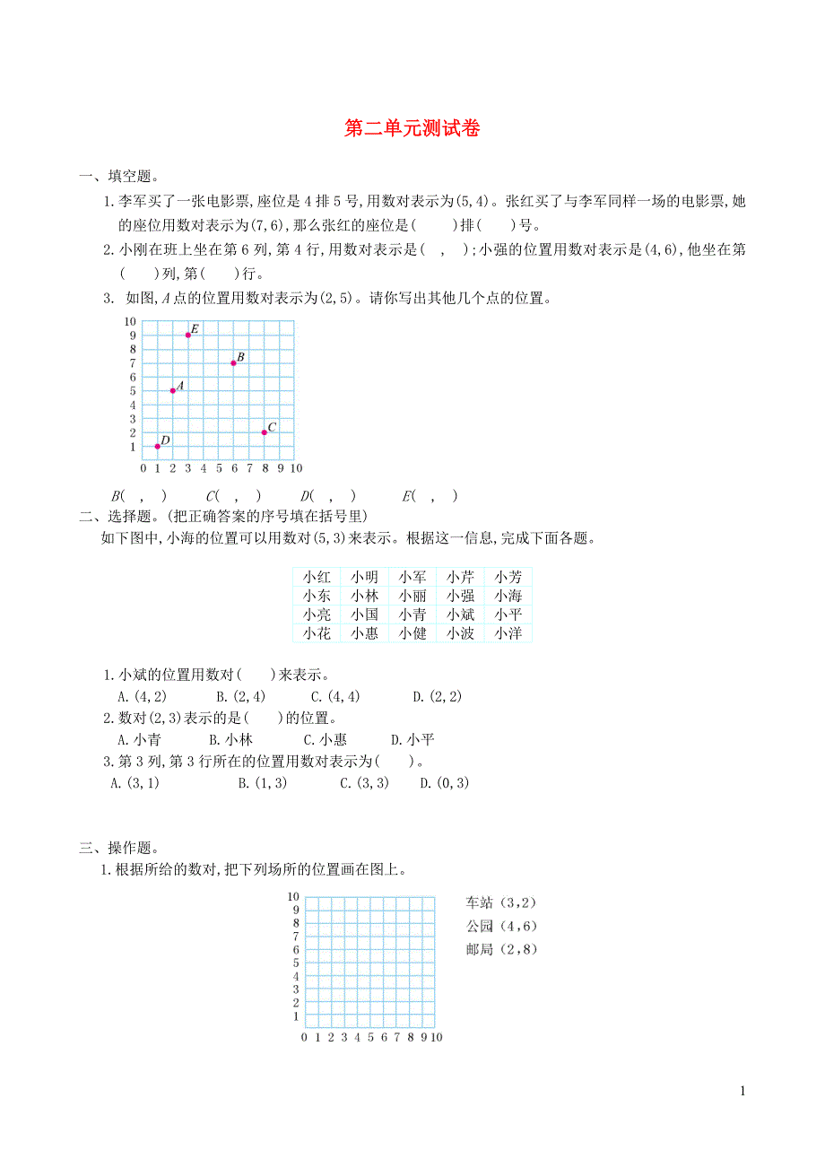 2023年五年级数学上册2位置单元测试卷新人教版_第1页