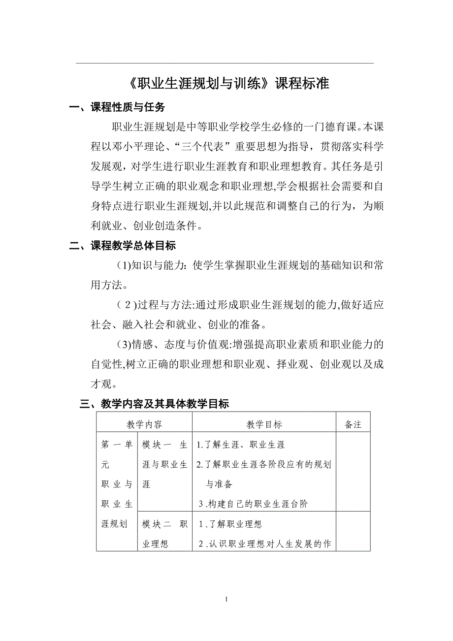 中职《职业生涯规划》课程标准_第1页