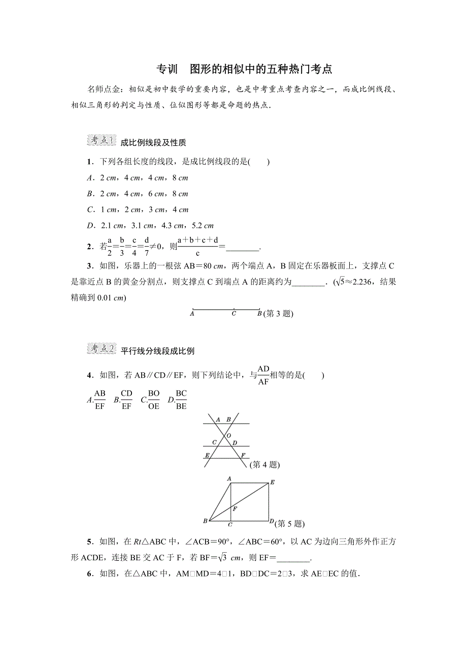新版【冀教版适用】初三数学上册《专训-图形的相似中的五种热门考点》_第1页