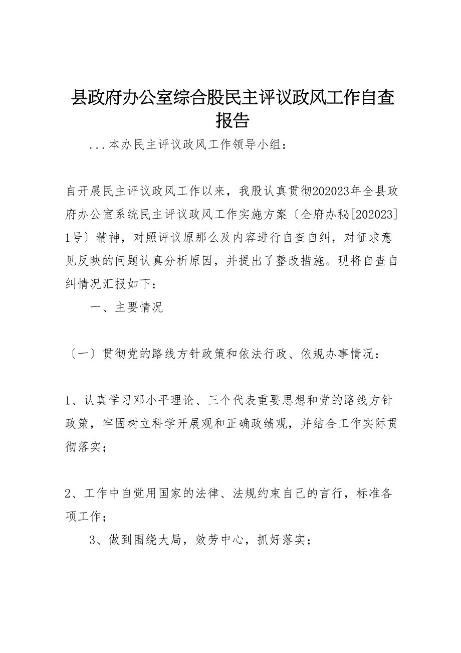 2023年县政府办公室综合股民主评议政风工作自查报告 .doc_第1页