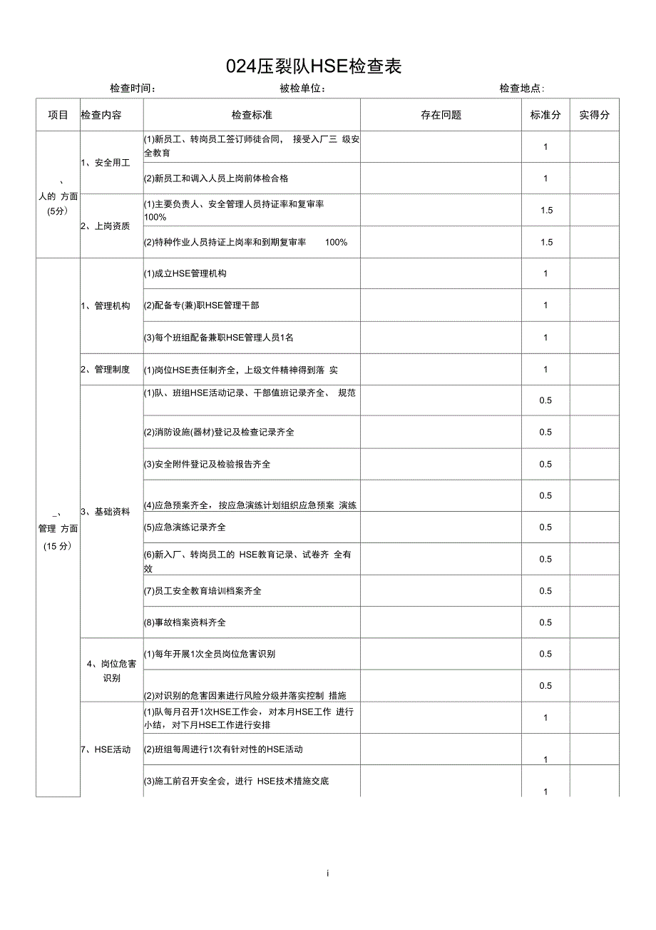 压裂队HSE检查表_第1页