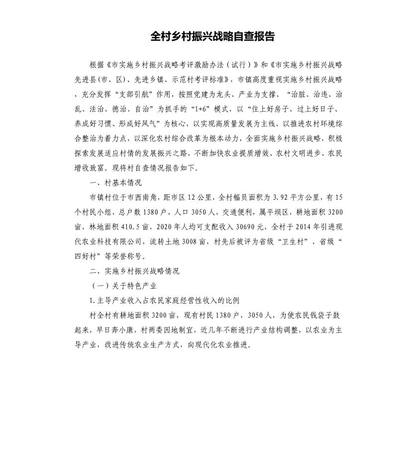 全村乡村振兴战略自查报告
