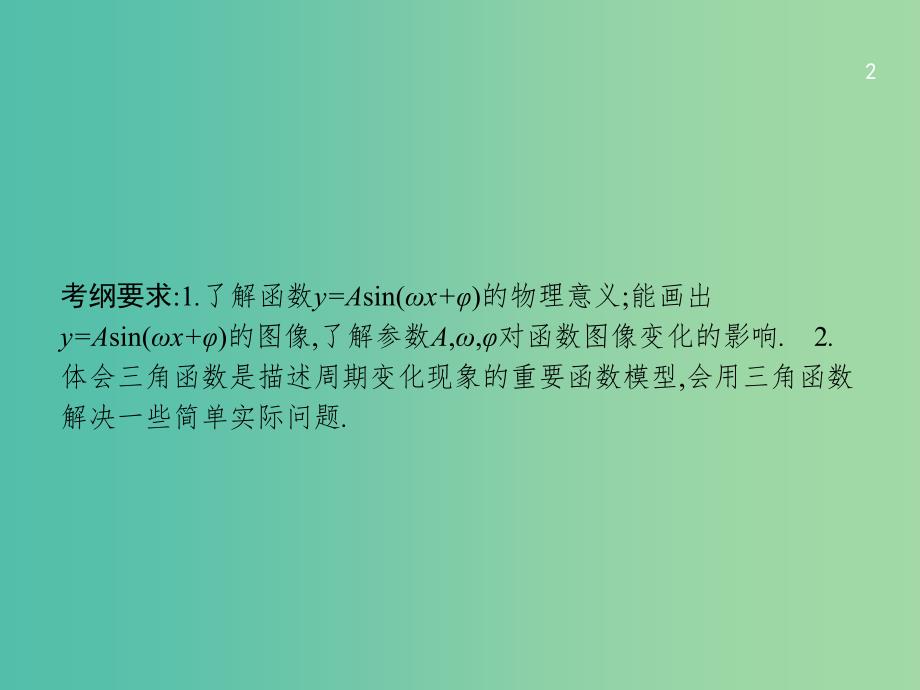 高考数学一轮复习 第四章 三角函数、解三角形 4.4 函数y=Asin(ωx+φ)的图像及应课件 文 北师大版.ppt_第2页