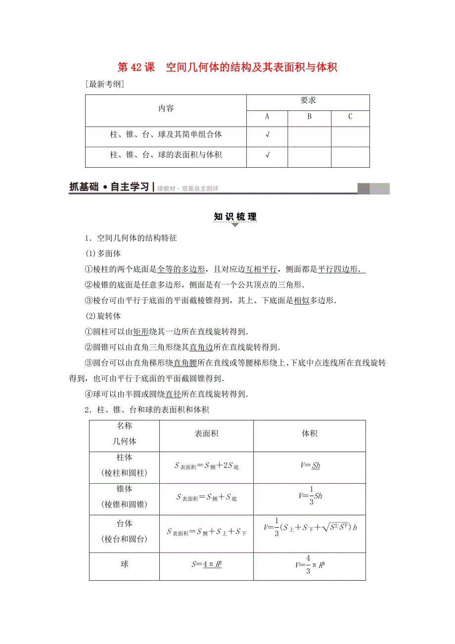 江苏专用高考数学一轮复习第八章立体几何第42课空间几何体的结构及其表面积与体积教师用书_第1页