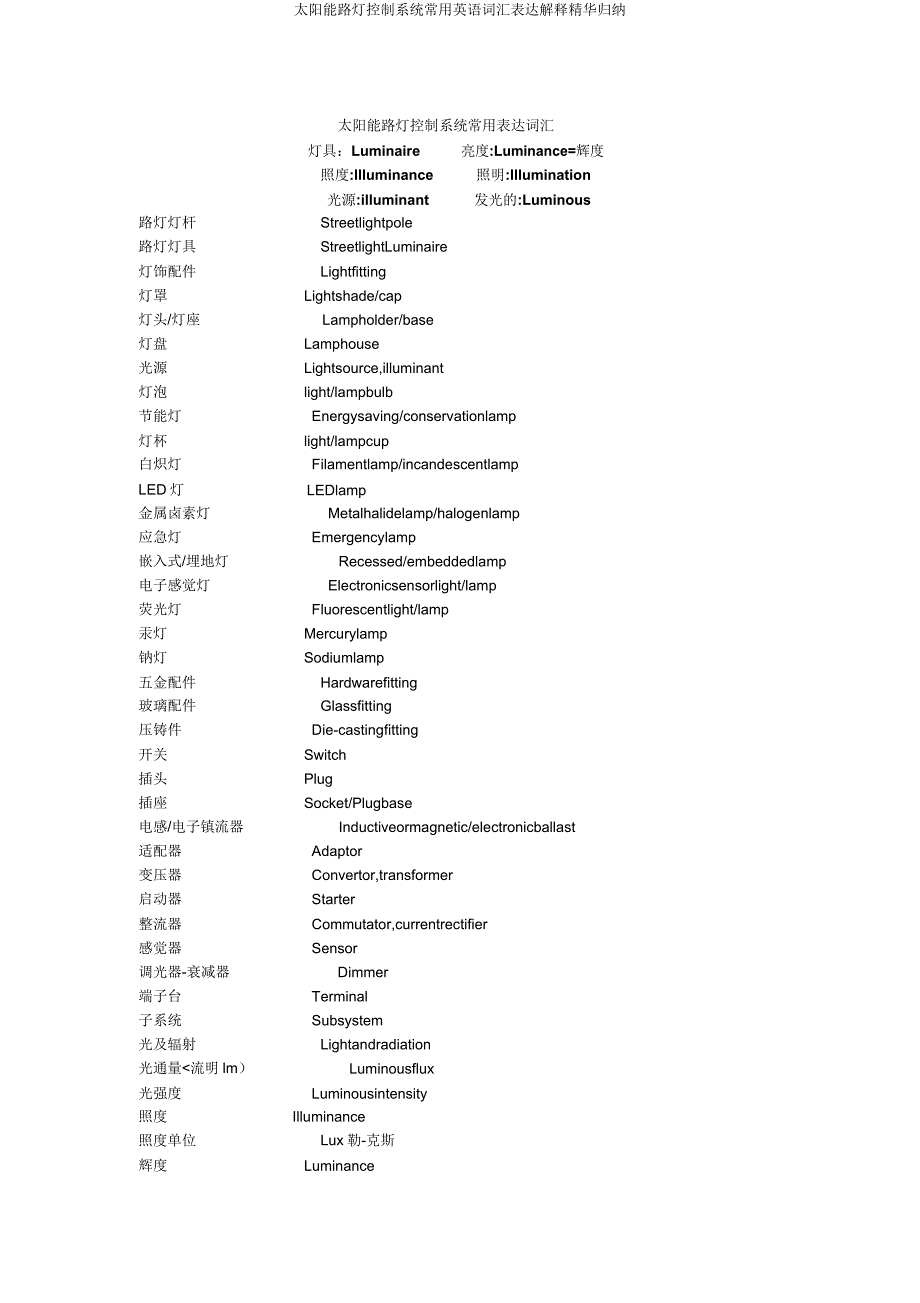 太阳能路灯控制系统常用英语词汇表达解释精华归纳.doc_第1页