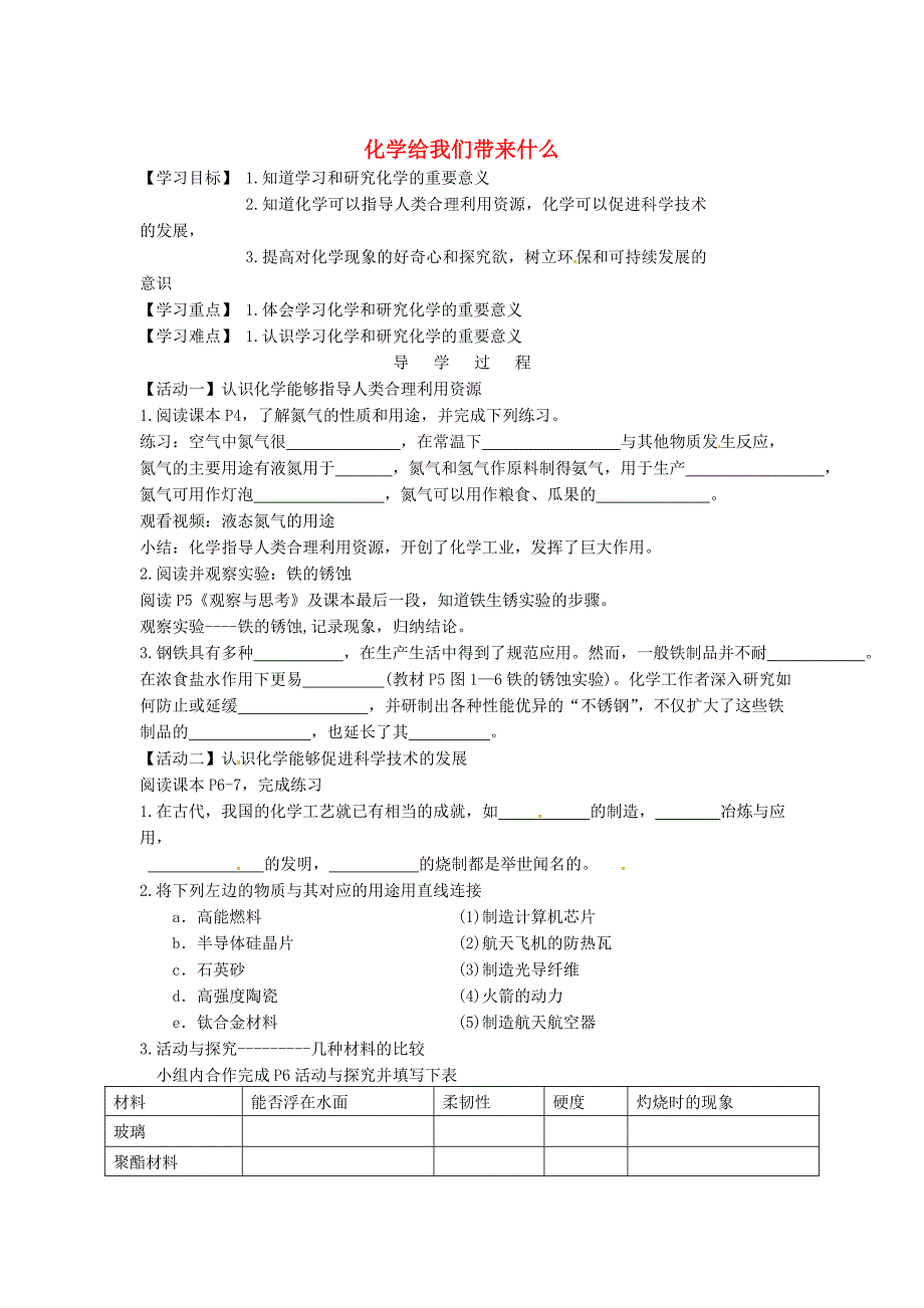 精修版江苏省铜山区清华中学九年级化学全册 1.1 化学给我们带来什么学案2沪教版_第1页