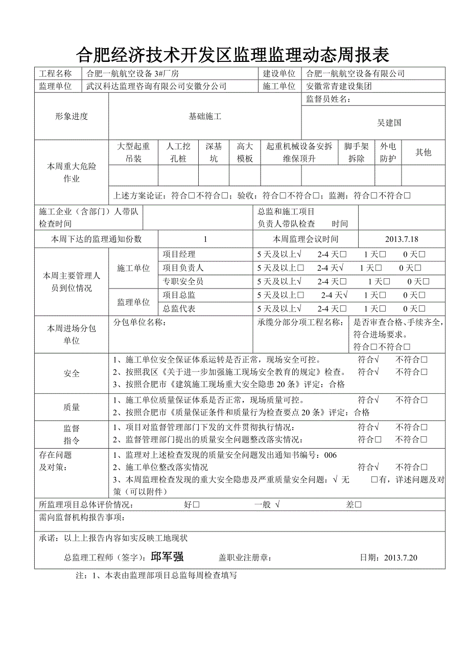 安徽某经济技术开发区监理监理动态周报表_第1页