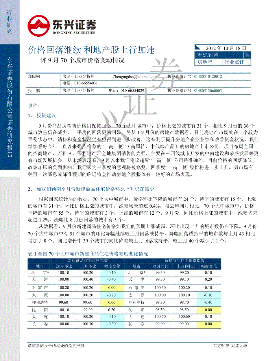 房地产9月份70个城市价格点评价格回落继续利地产股上行加速1022_第1页