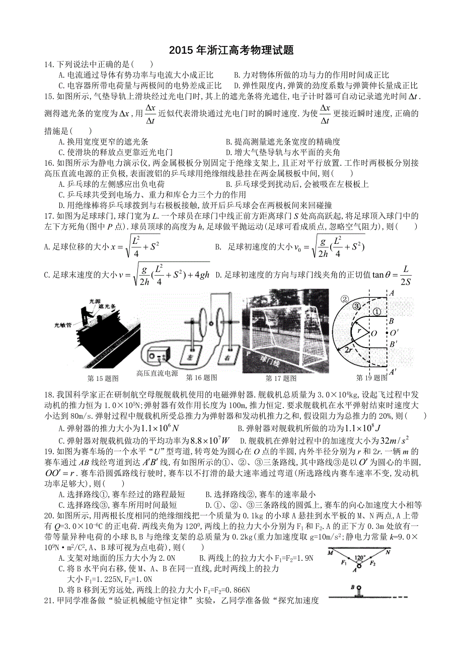 2015年高考物理试题浙江卷（精校word可编辑含答案）.doc_第1页