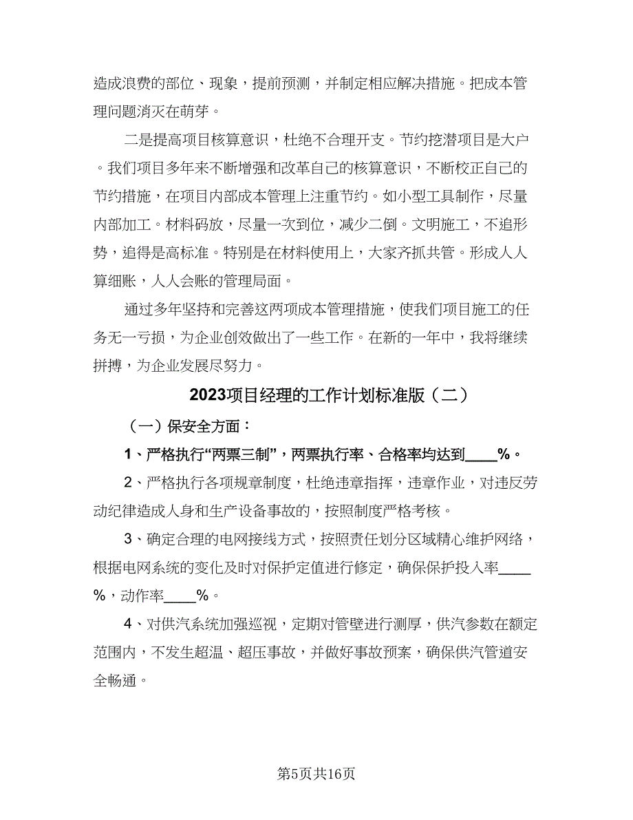 2023项目经理的工作计划标准版（五篇）.doc_第5页