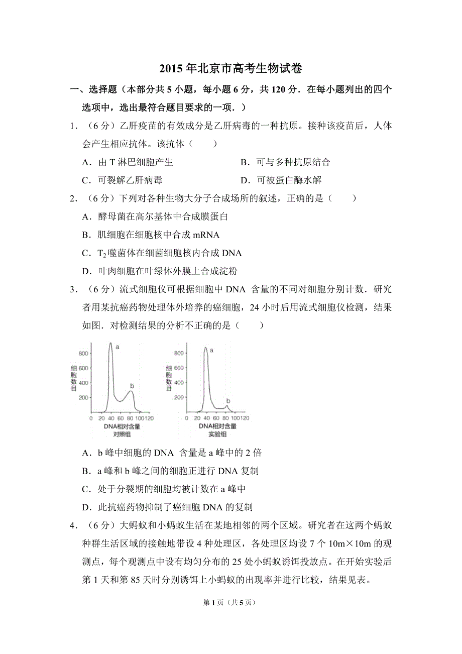 2015年北京市高考生物试卷真题（原卷版） .doc_第1页