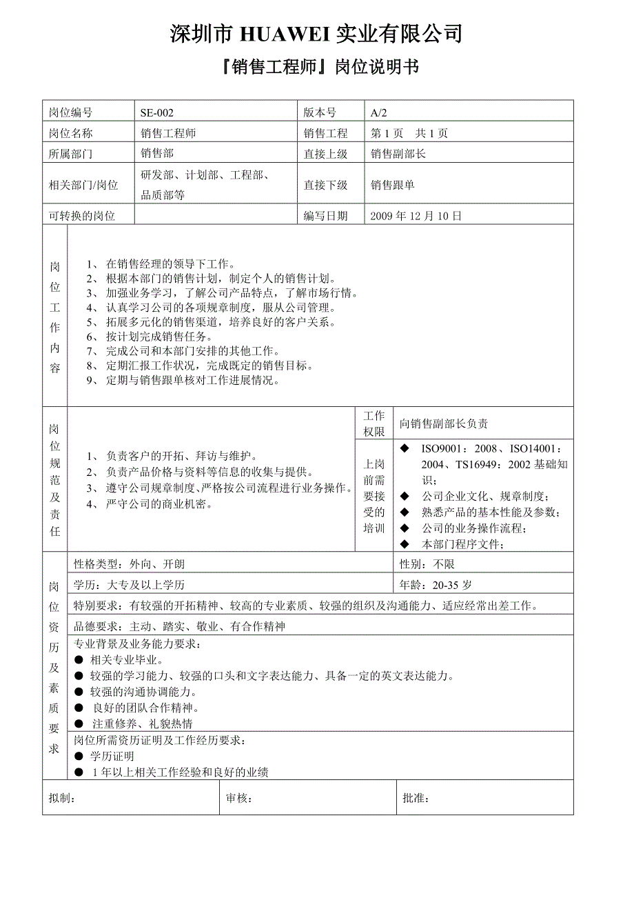 华为-岗位职责说明说明书(销售部)_第4页