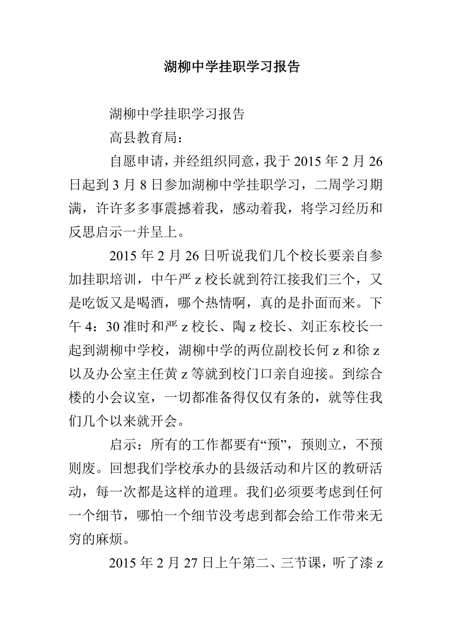 湖柳中学挂职学习报告_第1页