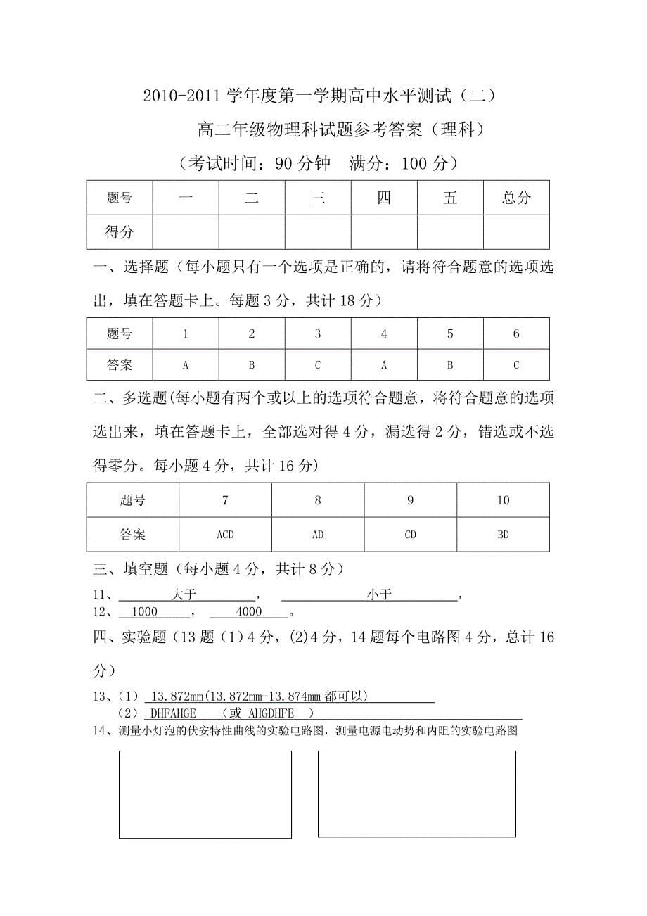 海南省嘉积中学10-11学年高二物理上学期教学质量监测（二） 理 新人教版_第5页