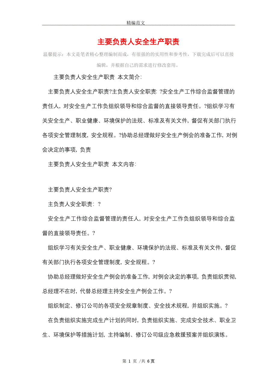 2021年主要负责人安全生产职责_精编版_第1页