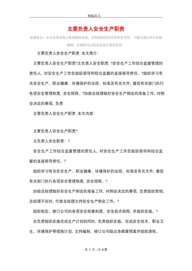 2021年主要负责人安全生产职责_精编版