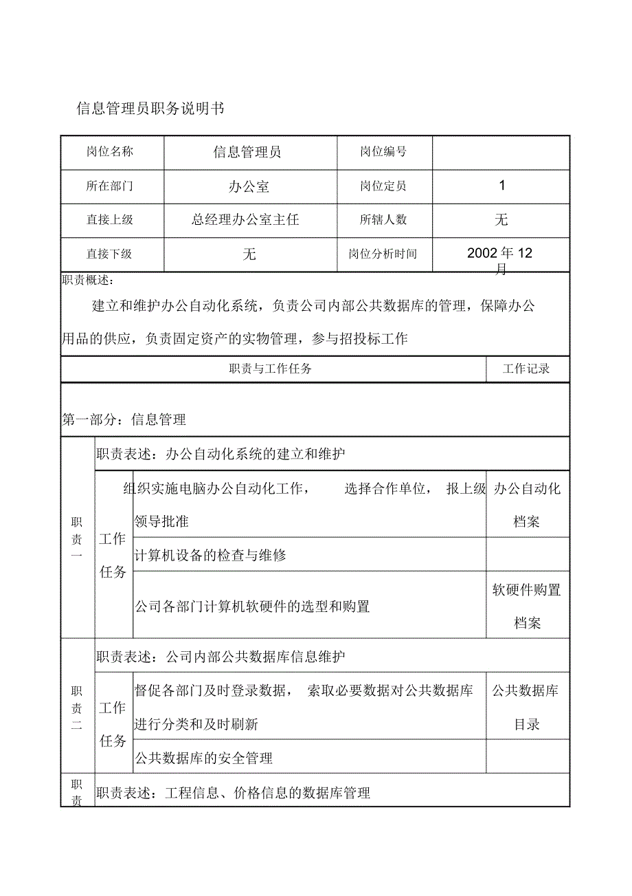 房地产开发公司信息管理员职务说明书(WORD4页)_第1页