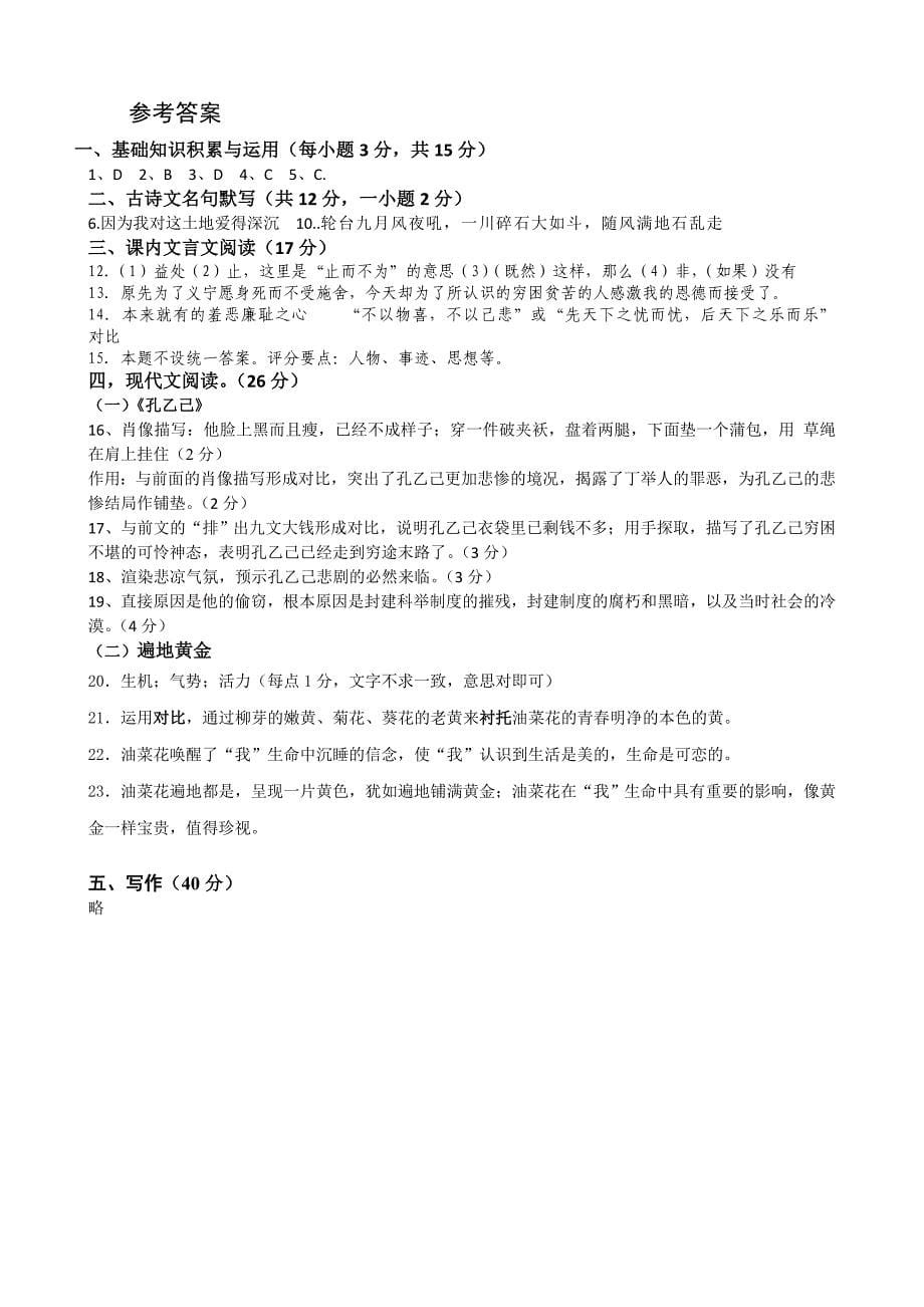 山东省临沐县青云镇中心中学2015届九年级下学期学情监测语文试卷-1.doc_第5页