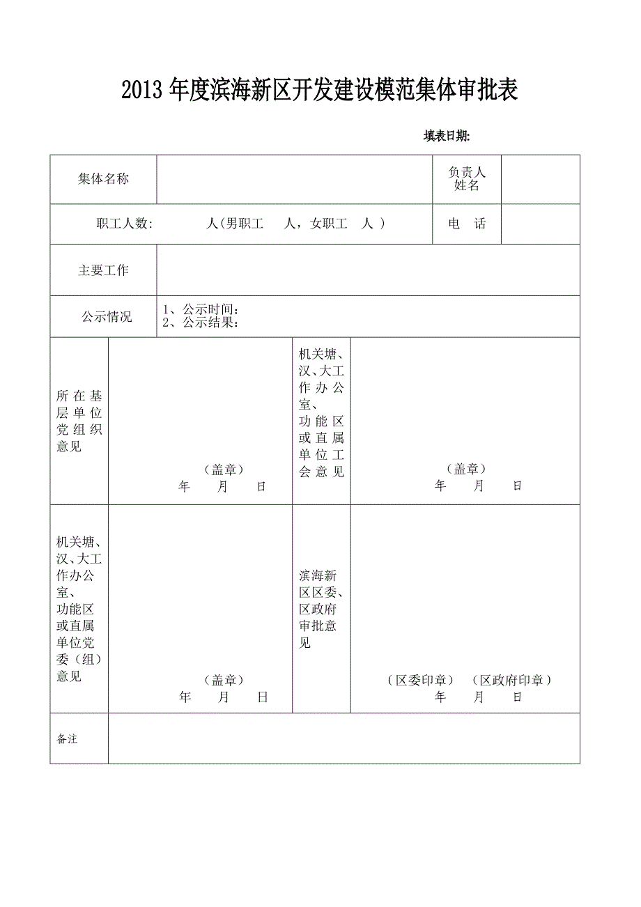 度滨海新区开发建设模范集体审批表_第1页