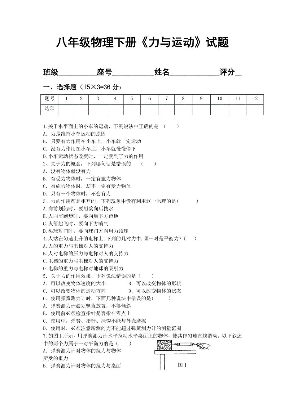 八年级物理下册第一次月考试题_第1页