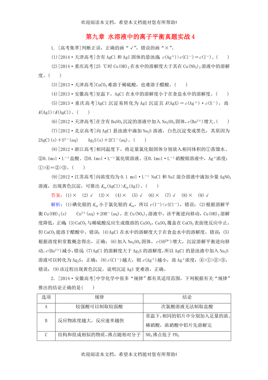 2016届高考化学一轮复习第九章水溶液中的离子平衡真题实战4_第1页