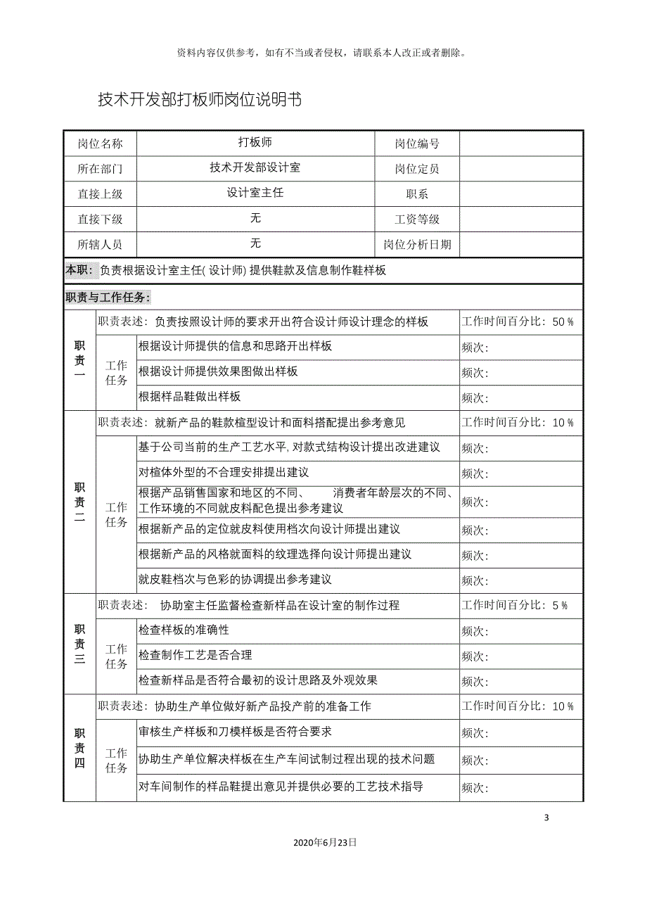 制鞋企业技术开发部打板师岗位说明书_第3页