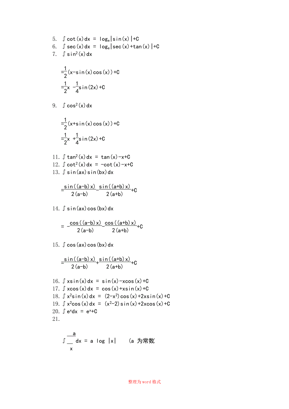 不定积分最全公式Word版_第2页