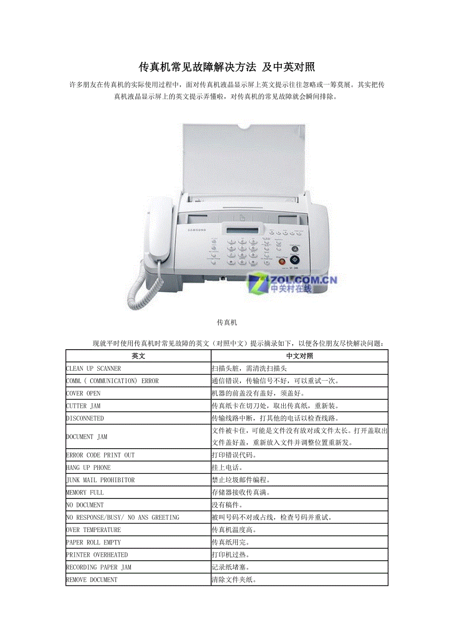 传真机常见故障解决方法 及中英对照_第1页