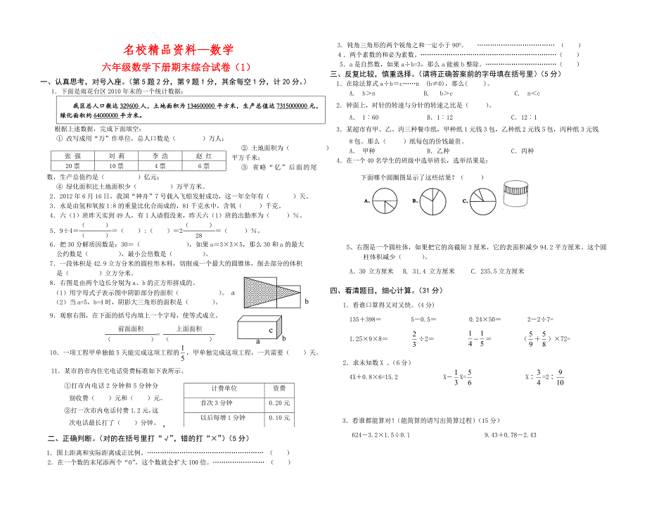 【名校精品】六年级数学下册期末综合试卷_第1页