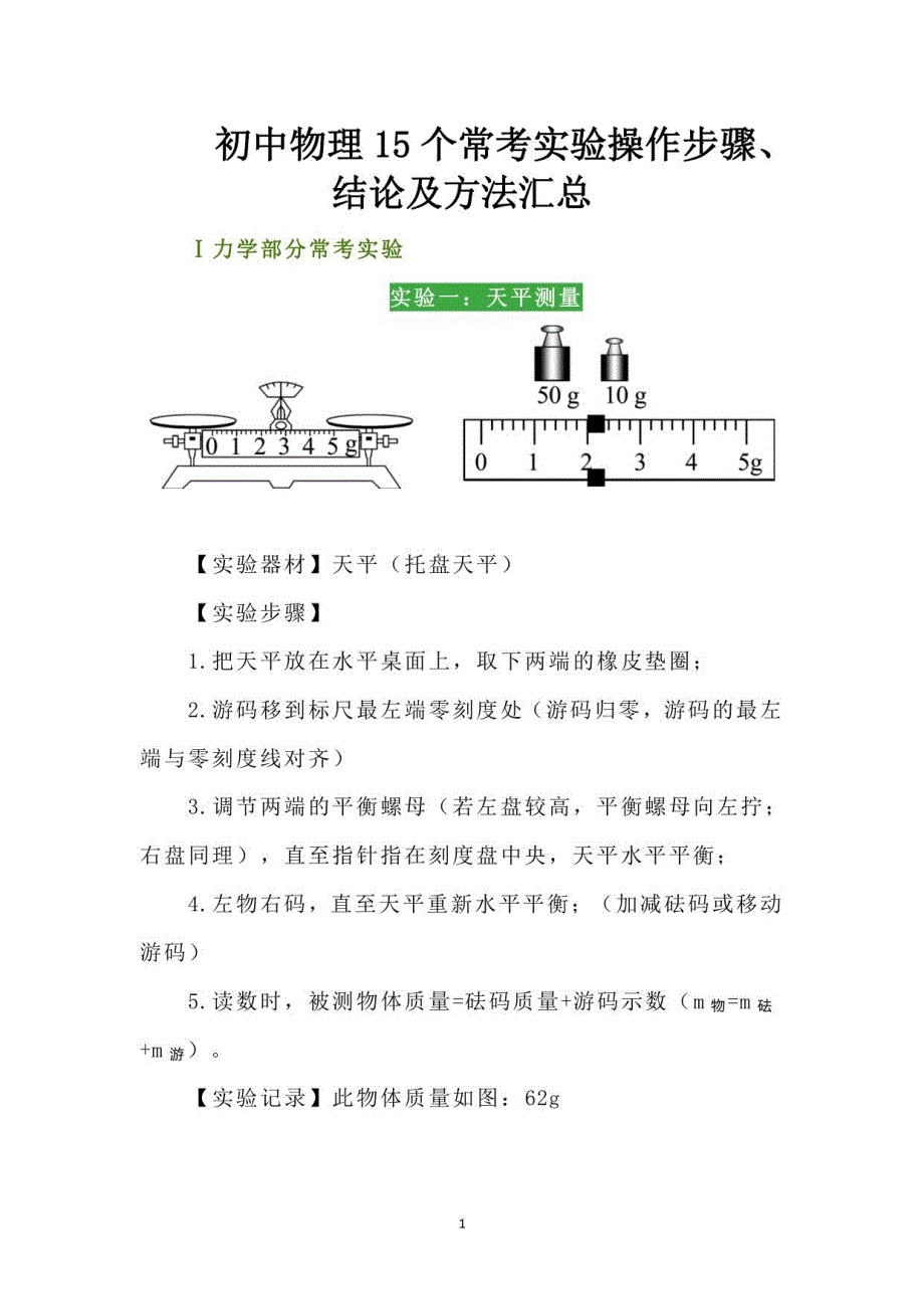 初中物理15个常考实验操作步骤、结论及方法汇总_第1页