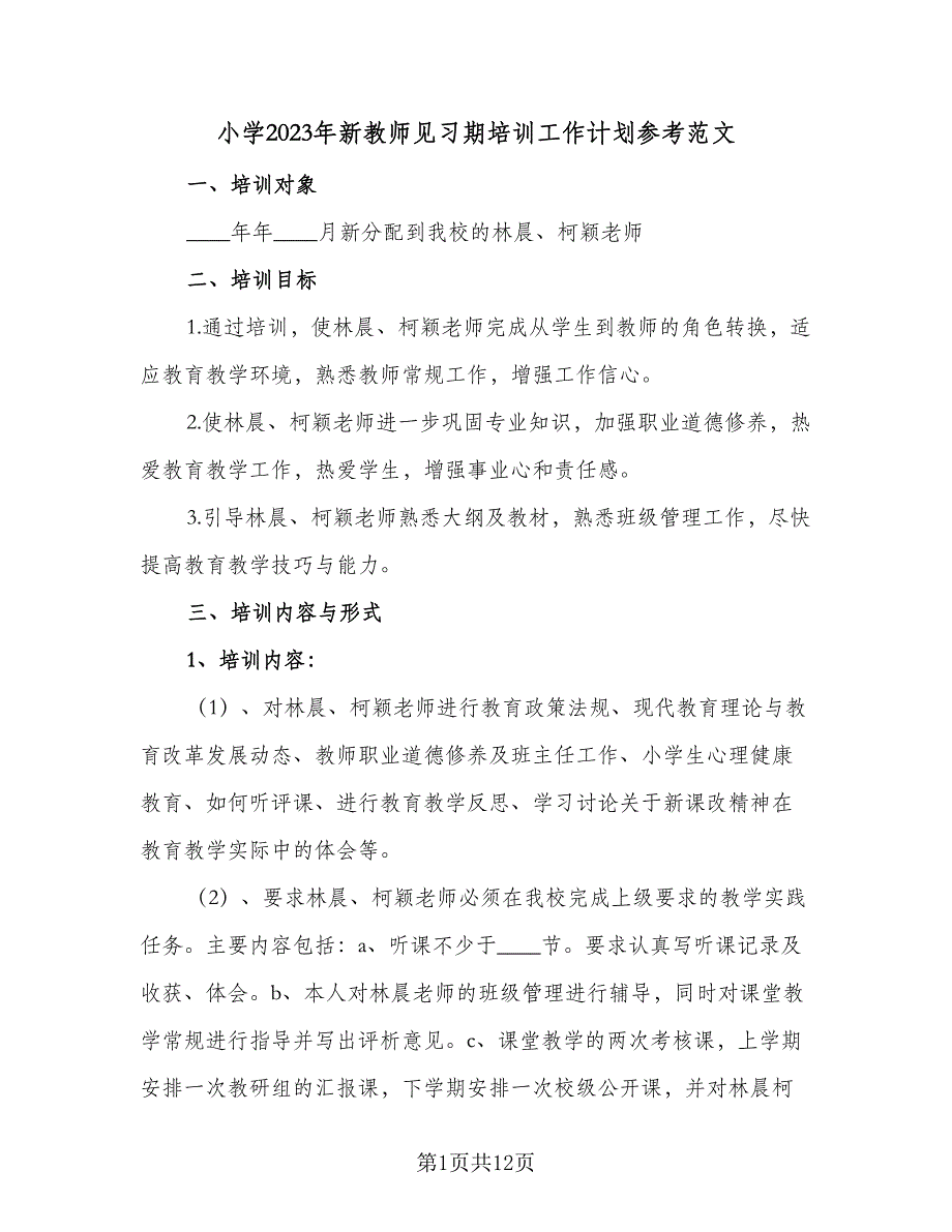 小学2023年新教师见习期培训工作计划参考范文（4篇）_第1页