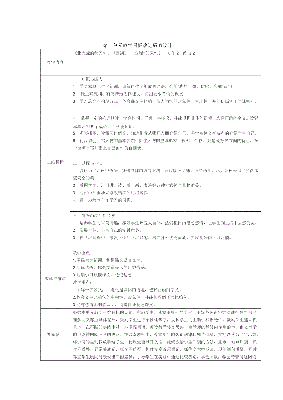 小学语文三年级第二单元教学目标原设计和改进后的设计对比表.doc_第2页