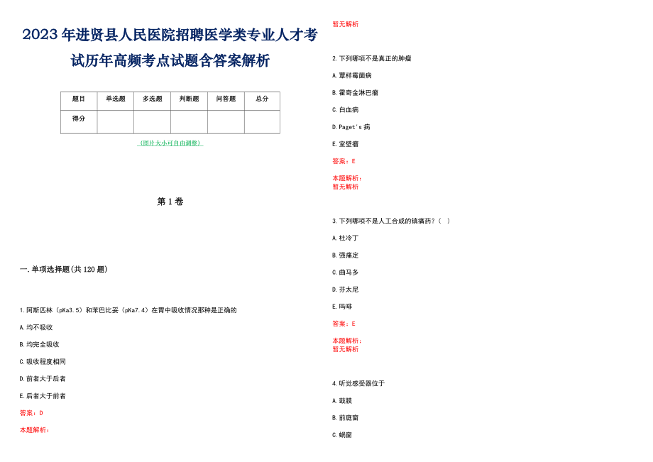 2023年进贤县人民医院招聘医学类专业人才考试历年高频考点试题含答案解析_第1页