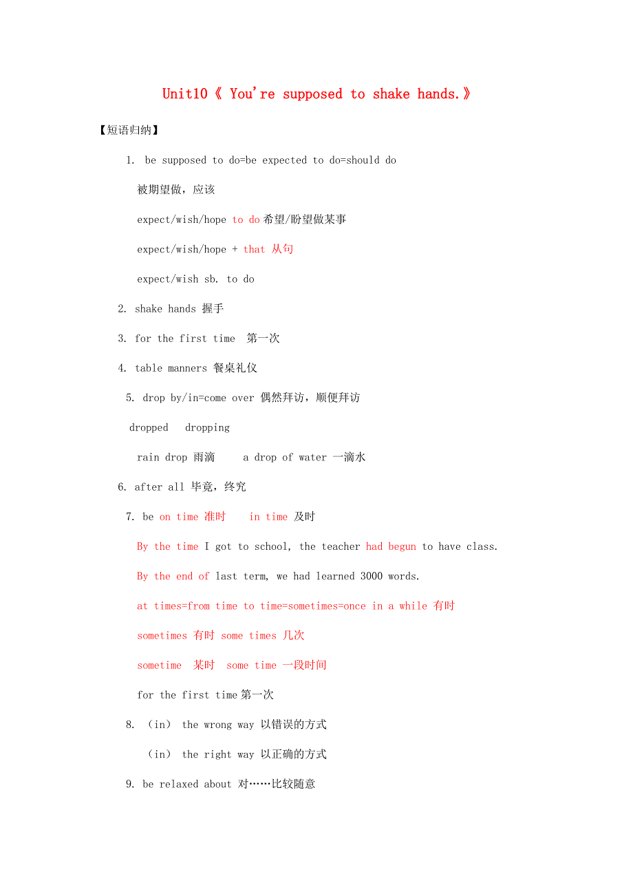 九年级英语全册Unit10You’resupposedtoshakehands知识点总结新版人教新目标版_第1页