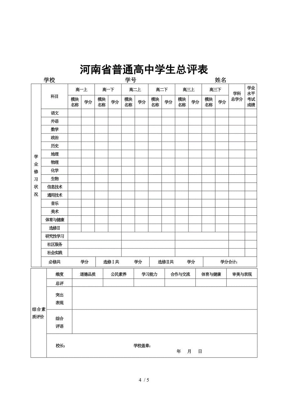 河南省普通高中学生评价表_第4页